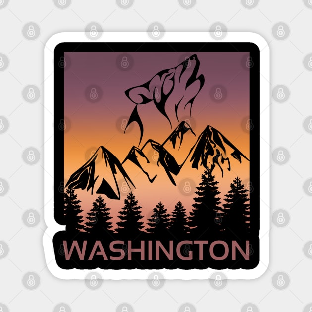 Washington Sunset Wolf Howling at The Moon Trees and Mountains T-Shirt Magnet by jackofdreams22