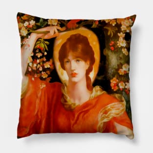 Red-haired girl in red clothes in the garden with flowers Pillow