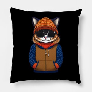 Cute Cartoon Cat in Jacket, Cap, and Sunglasses 4 Pillow