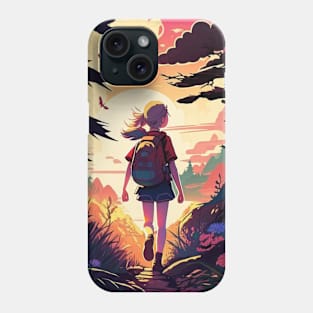 Girl trekking in the woods with a beautiful sunset effect Phone Case