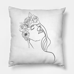 Women in floral hat line art Pillow