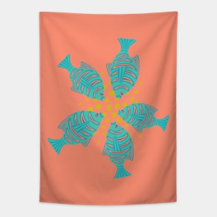 FEEDING TIME Tropical Striped Fish Undersea Ocean Coral Reef Sea Life in Turquoise Blue Blush Yellow - UnBlink Studio by Jackie Tahara Tapestry