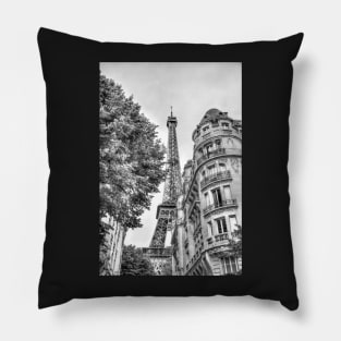 Eiffel Tower Paris, Between The Buildings Black & White Pillow