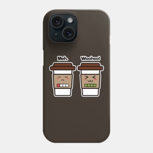 Meh. Woohoo! | Coffee Cup Friends | Charging | Low High Battery | Cute Kawaii | Dark Brown Phone Case