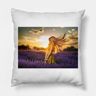 Young woman in blooming lavender field Pillow