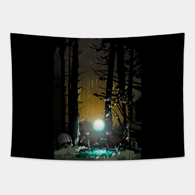 WISPWISP dark forest with will o the wisp foxfire skull trees swamp Tapestry by sandpaperdaisy