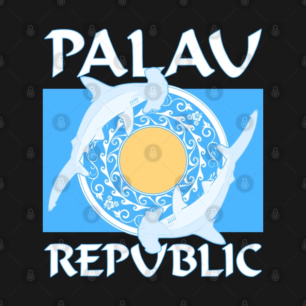 Palau Republic Flag with Hammerhead sharks by NicGrayTees