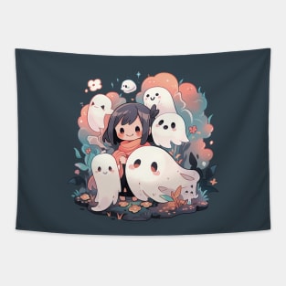 Girl and Sheet Ghosts Companions in Spooky Month Tapestry