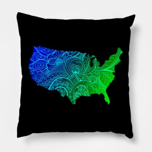 Colorful mandala art map of the United States of America in dark blue and green with cyan Pillow