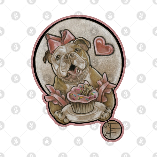 Bulldog Cutie & Cupcake - Pink Outlined Version by Nat Ewert Art