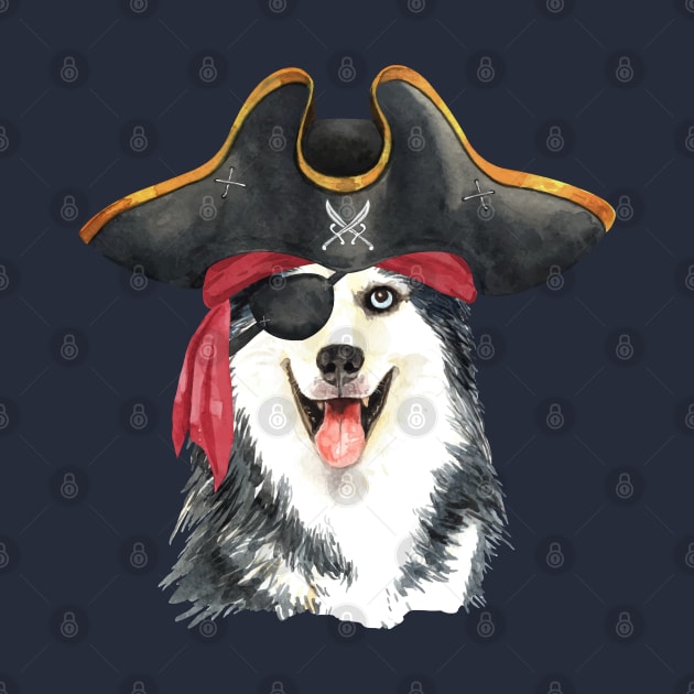 Siberian husky pirate hand drawn watercolor by Mako Design 