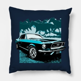 Blue 1968 Ford Mustang with Horses Pillow
