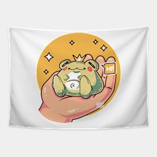 Sitting King Frog Collection: A Darling King Frog Perched on Palms Tapestry