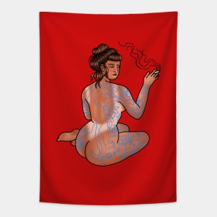 Girl smoke old school tattoo Tapestry