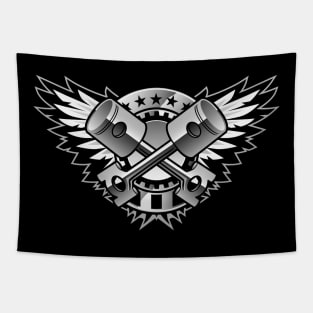 Crossed Pistons and Wings with Stars and Stripes Chrome Logo Tapestry