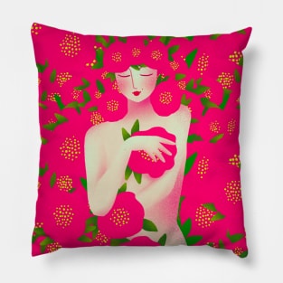Cute girl with red flowers, version 6 Pillow