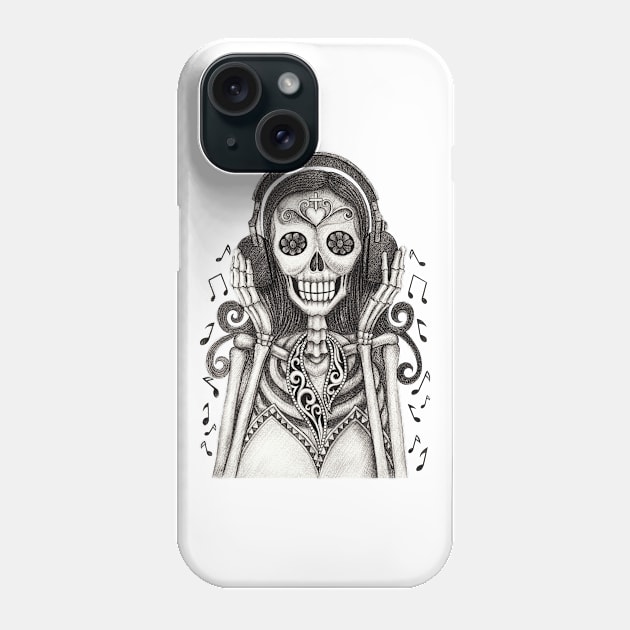 Sugar skull woman happy with headphones listen music day of the dead. Phone Case by Jiewsurreal