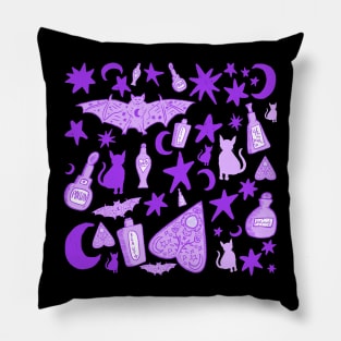 Spooky Witchy Halloween Symbols, Purple Pillow