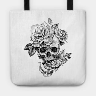 Black and White ink drawing Skull With Roses Tote