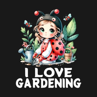 cute girl ladybug who little gardener I love gardening lover spring and summer earth Plant a Flower Day dot day T-Shirt