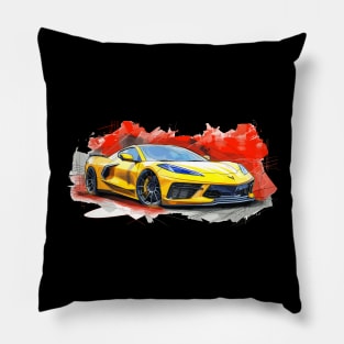 Accelerate Yellow C8 Corvette Tech Drawing Style Red Background Supercar Sportscar Racecar Muscle Car Corvette C8 Pillow