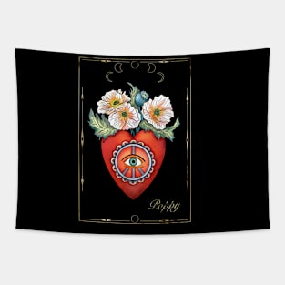 Heart and poppy flowers print tattoo style Tapestry