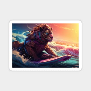 Synthewave Sunset Surfing Lion Magnet