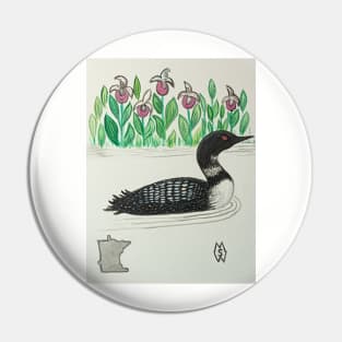 Minnesota state bird & flower, the loon and pink-and-white lady's slipper Pin