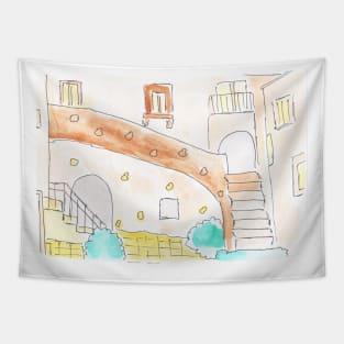 Watercolor background. Architecture, exterior, art decoration, sketch. Illustration hand drawn modern Tapestry