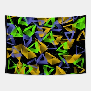 3D Purple Green Yellow Triangles on Black Abstract Tapestry