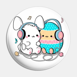 Cute bunny and big egg illustration with headphones listening to music, Best friends clipart Pin