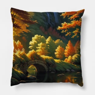 Autumn Bridge Through a Serene Lake Pillow