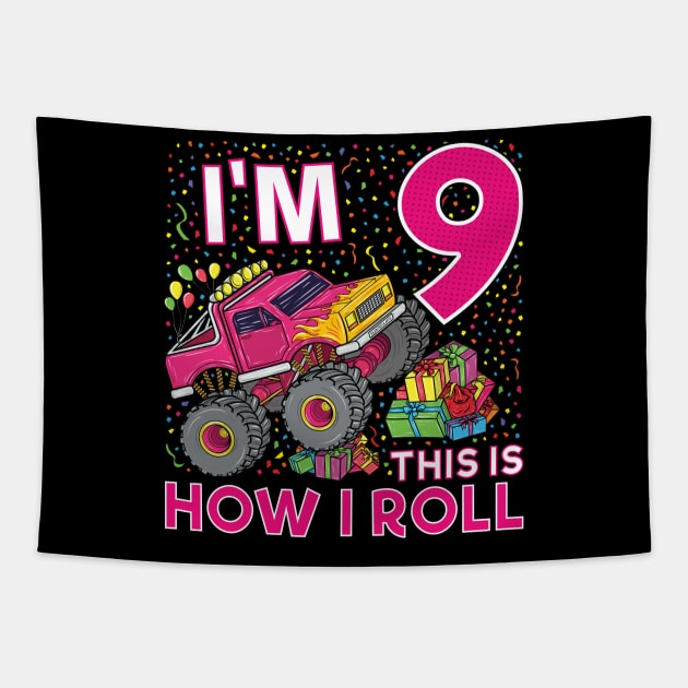 9th Birthday Monster Truck Party Gift 9 Year Old Girl Tapestry by silentsoularts