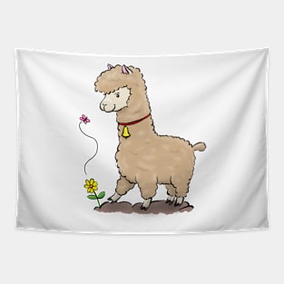 Cute alpaca and butterfly cartoon illustration Tapestry
