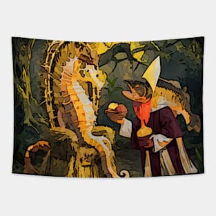 watercolor trout priest brings apples for seahorse Tapestry