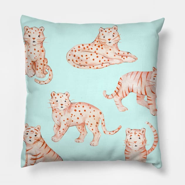 Cute Cheetah Leopard Tiger Watercolor Pillow by wanderinglaur