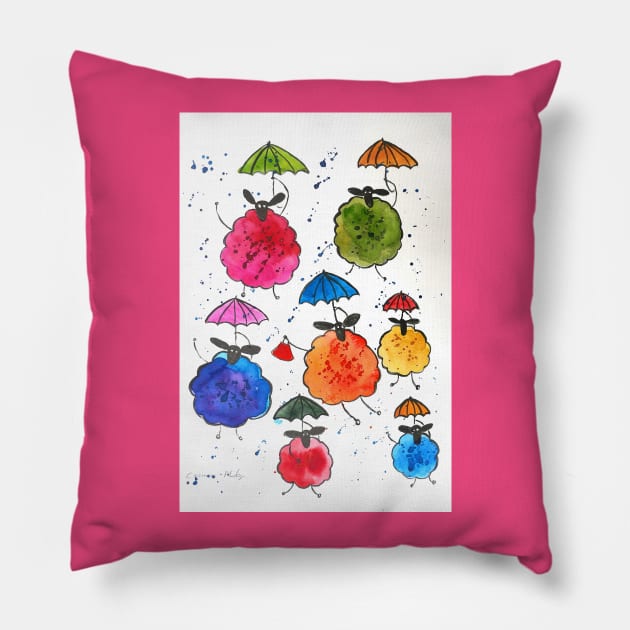 Quirky sheep and their umbrellas Pillow by Casimirasquirkyart