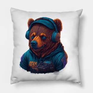 Digital AI Art Bear Animal Wearing Headphones Pillow