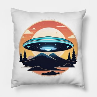 UFO Flying Saucer on mountains and trees Pillow