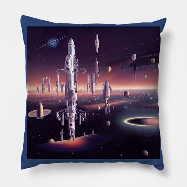 Interplanetary Spaceport Pillow by Grassroots Green