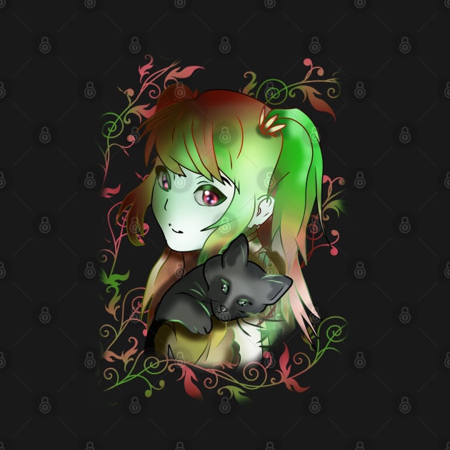 Green witch girl with black kitten for anime fans by cuisinecat