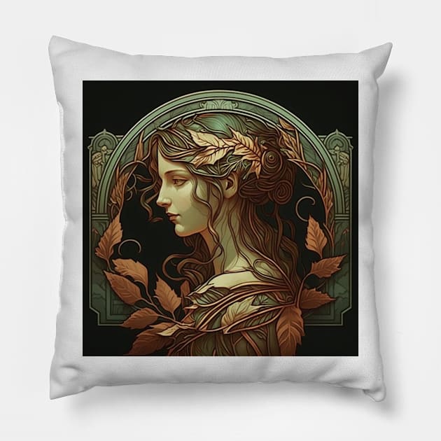 Dark Green Profile Woman Pillow by ArtNouveauChic