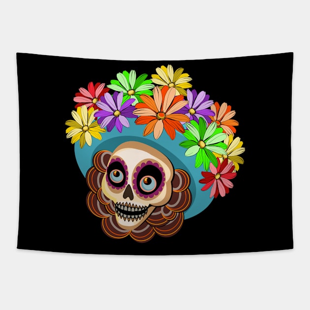 Skull in a floral hat Tapestry by Maria Zavoychinskiy 