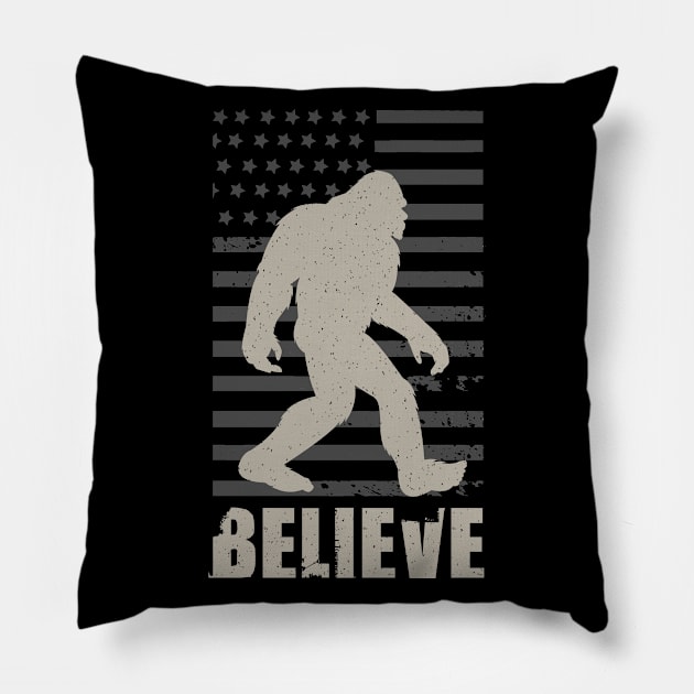 Bigfoot Believe Retro Vintage American Flag Pillow by Tesszero