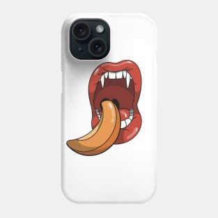 Mouth with vampire teeth about to take a bite into a slice of a peach Phone Case