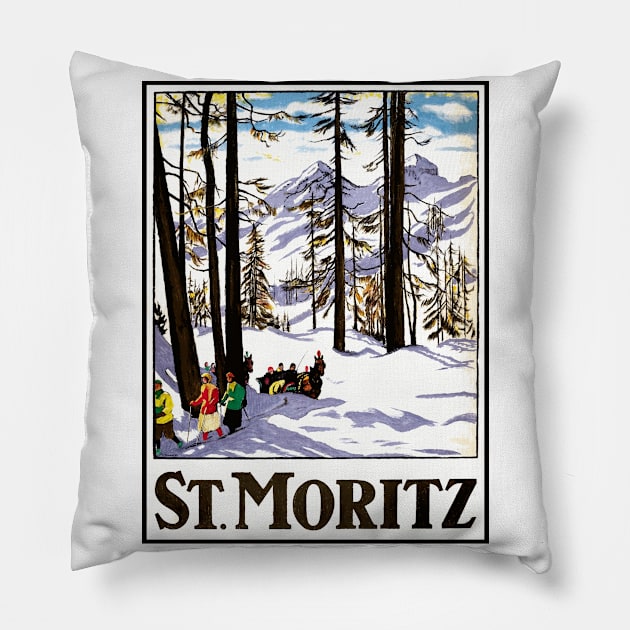 St. Moritz, Switzerland - Vintage Travel Poster Design Pillow by Naves