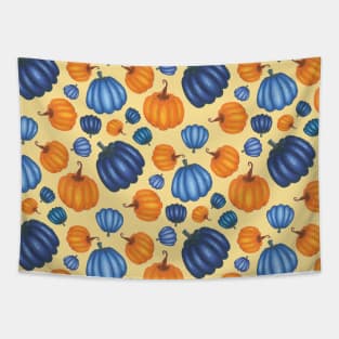 Pretty Blue & Orange Pumpkin Pattern on a Yellow Background Tapestry