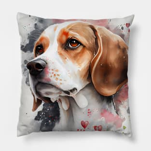 A Watercolor Beagle Dog With Valentine Hearts Pillow