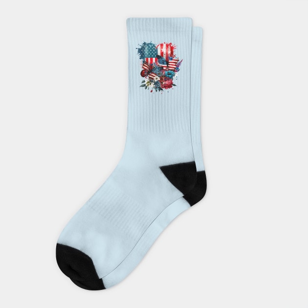 America Patriotic Stars Butterflies and Hearts Socks by Joaddo