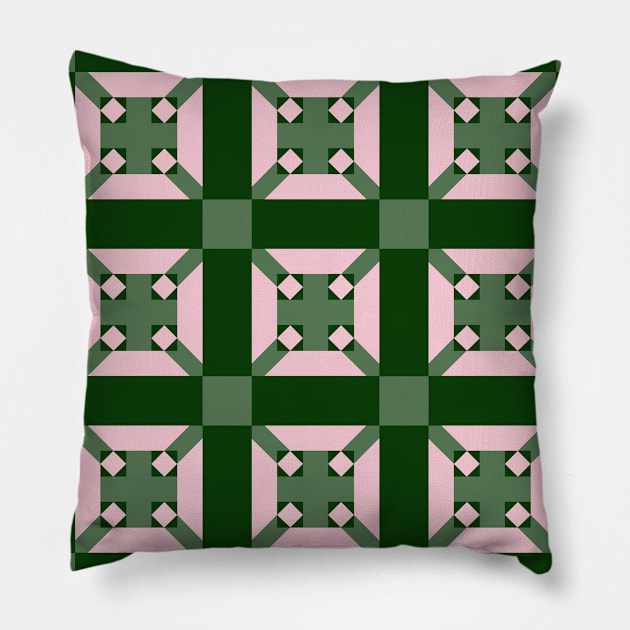 Green and Pink Arkansas Patchwork Pattern Pillow by Nuletto